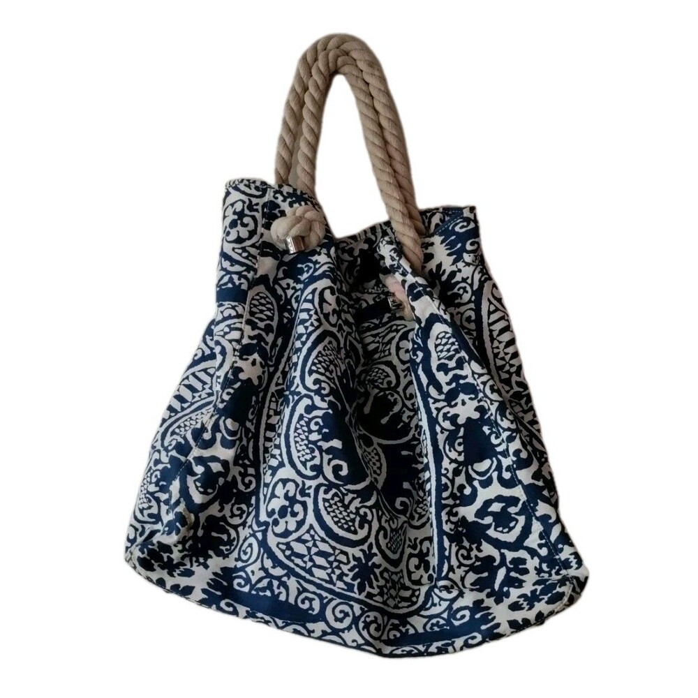 Donna Dixon Oversized Shoulder Patterned Beach Bag Tote Woven Rope Handles